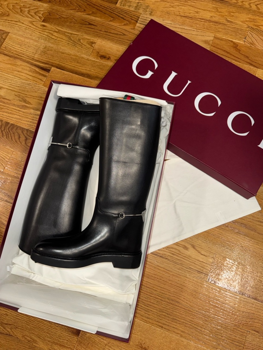 Gucci Black Leather Tall Riding Boots with Silver-Tone Horsebit